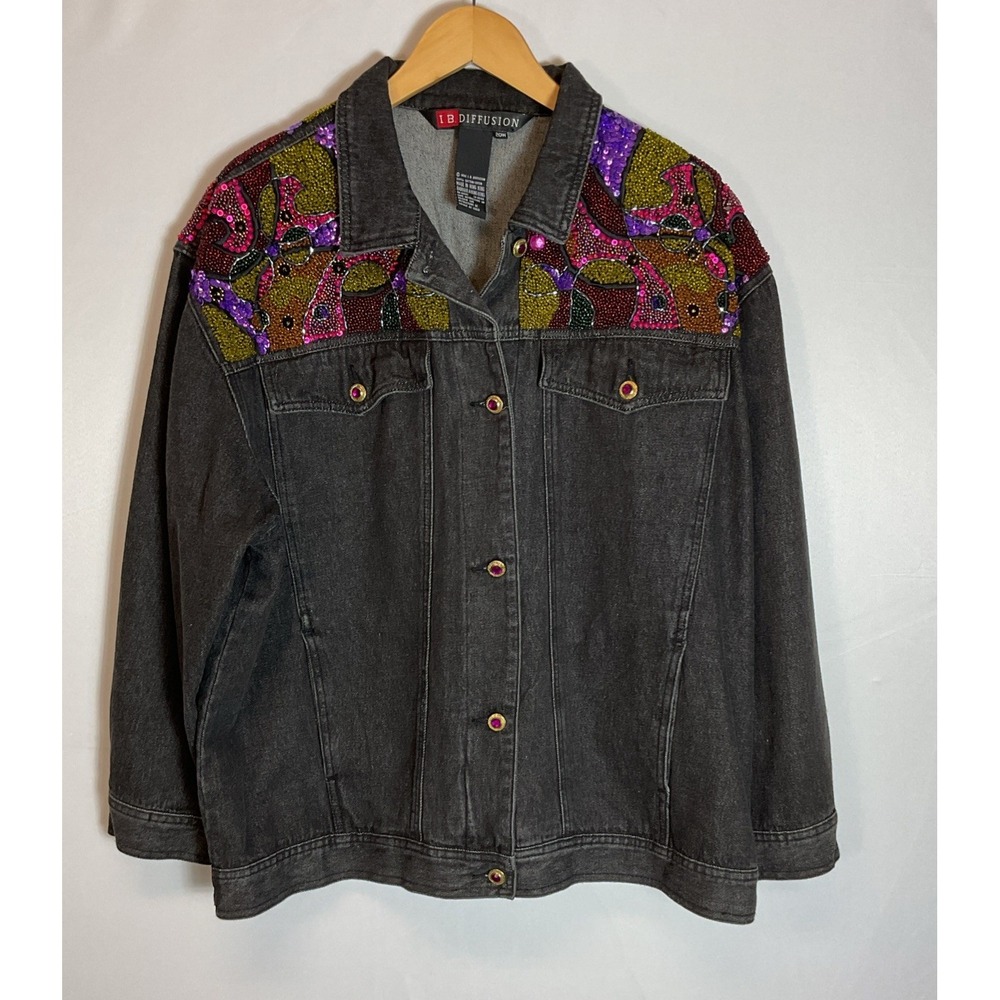 VTG 90s IB Diffusion Sequined Beaded Denim Jacket Sz 20W black western BOHO‎